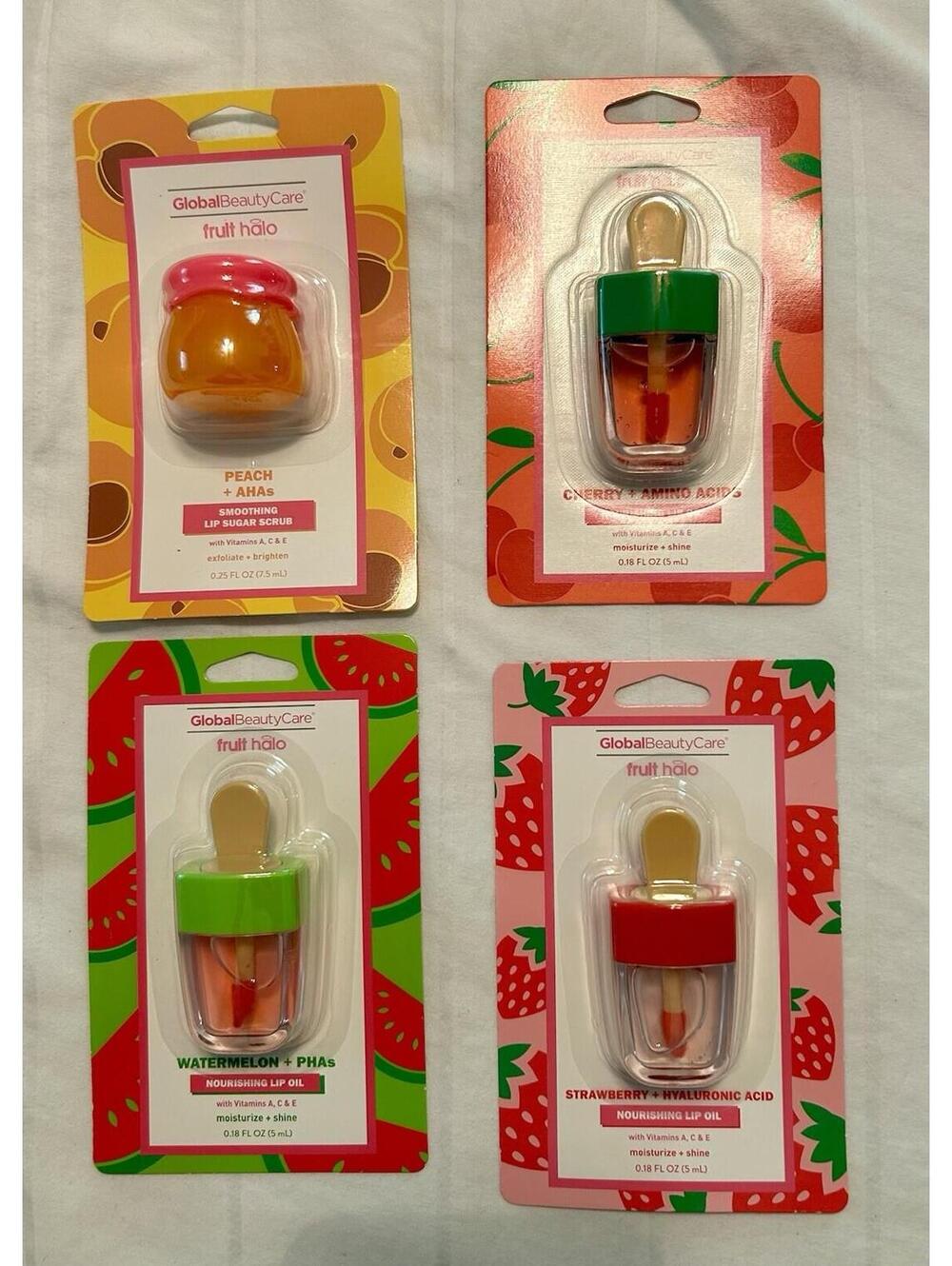 4 Global Beauty Care fruit halo Lip Gloss & Jelly Strawberry Watermelon Cherry P